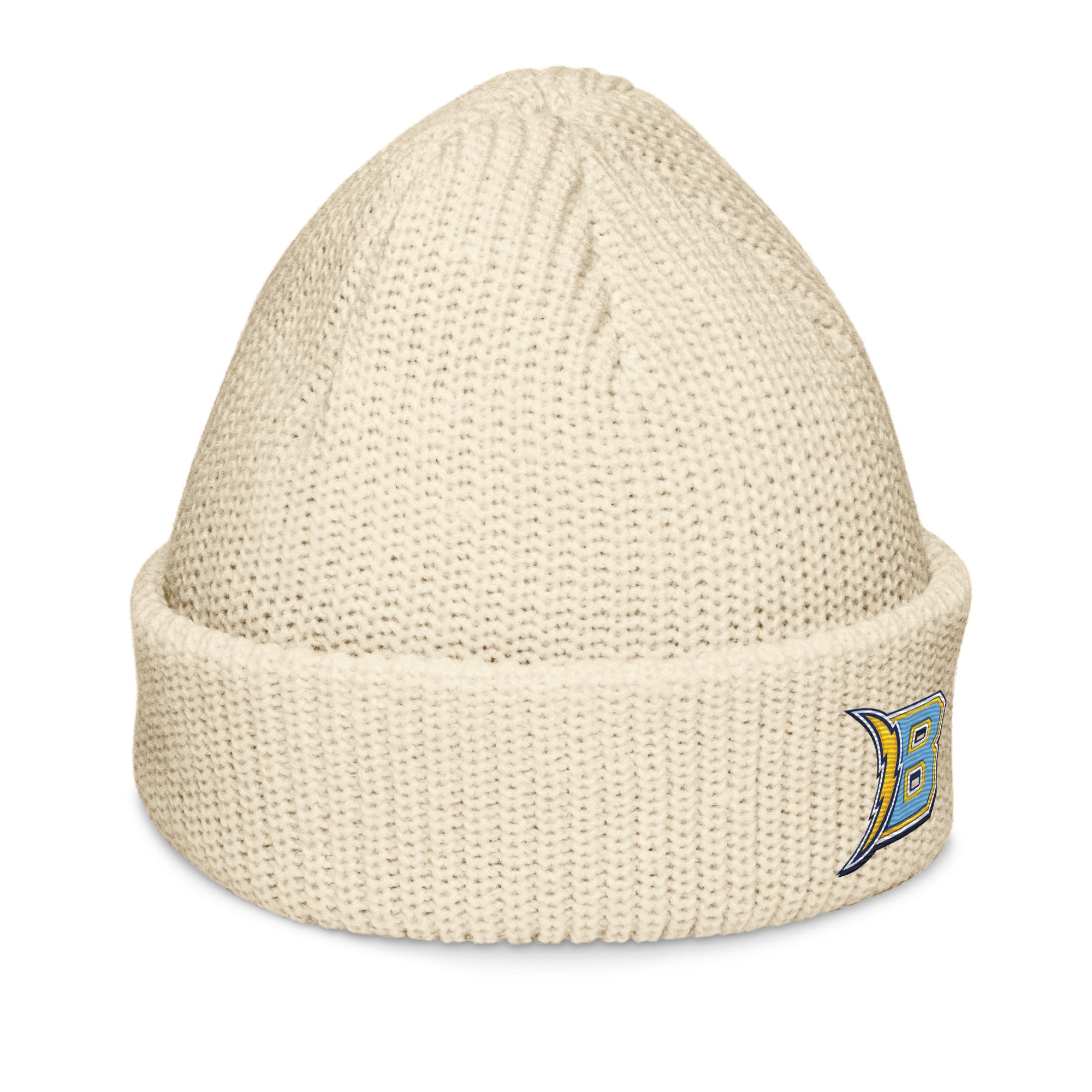 Brandon Grind Triple Logo Beanie by Roll Gear, Ecru, right side view.