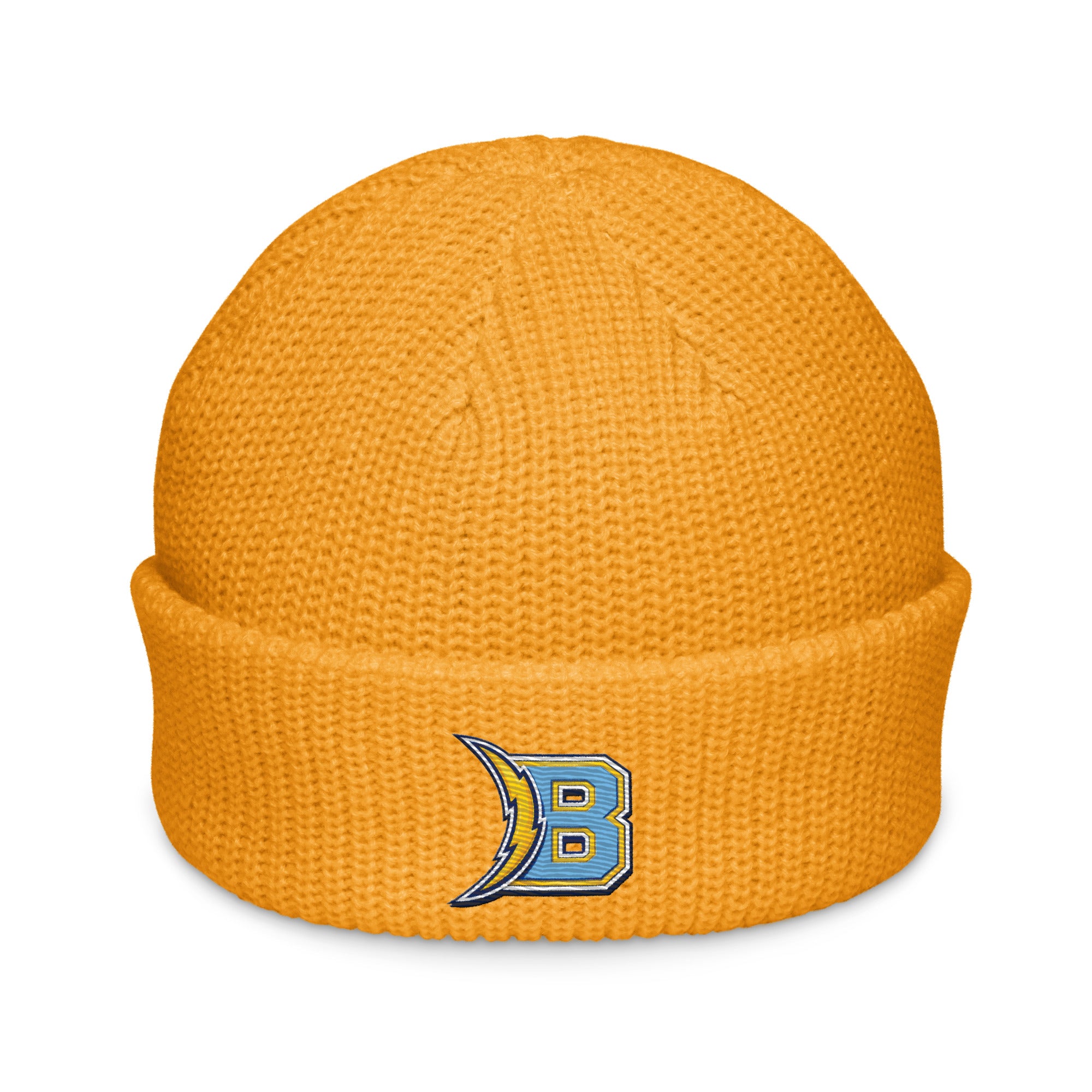 Brandon Grind Triple Logo Beanie by Roll Gear, Gold, front view.