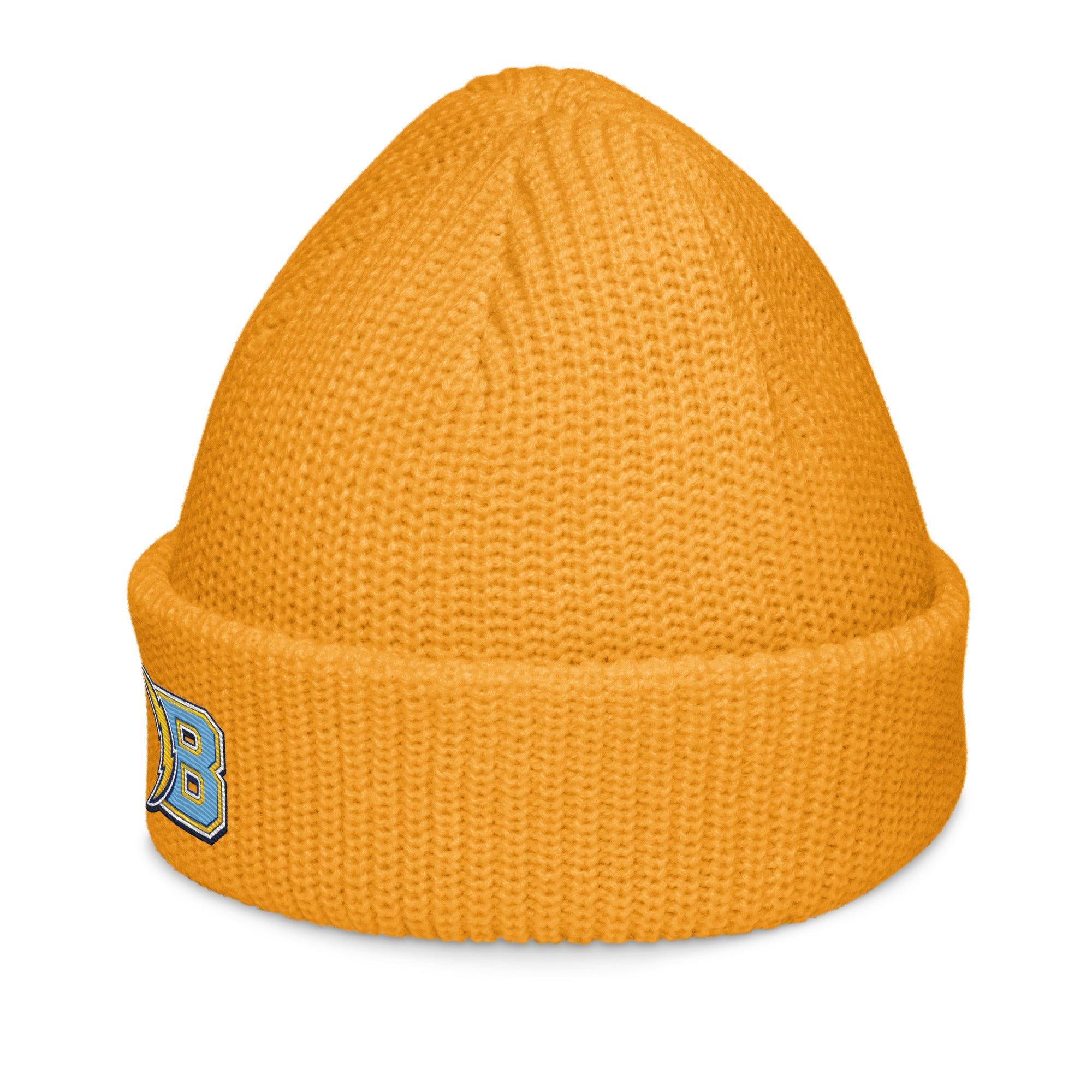 Brandon Grind Triple Logo Beanie by Roll Gear, Gold, left side view.