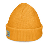 Brandon Grind Triple Logo Beanie by Roll Gear, Gold, left side view.