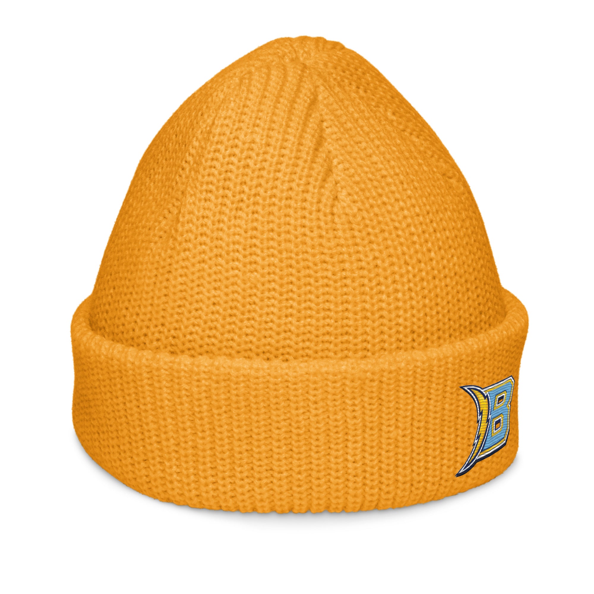 Brandon Grind Triple Logo Beanie by Roll Gear, Gold, right side view.