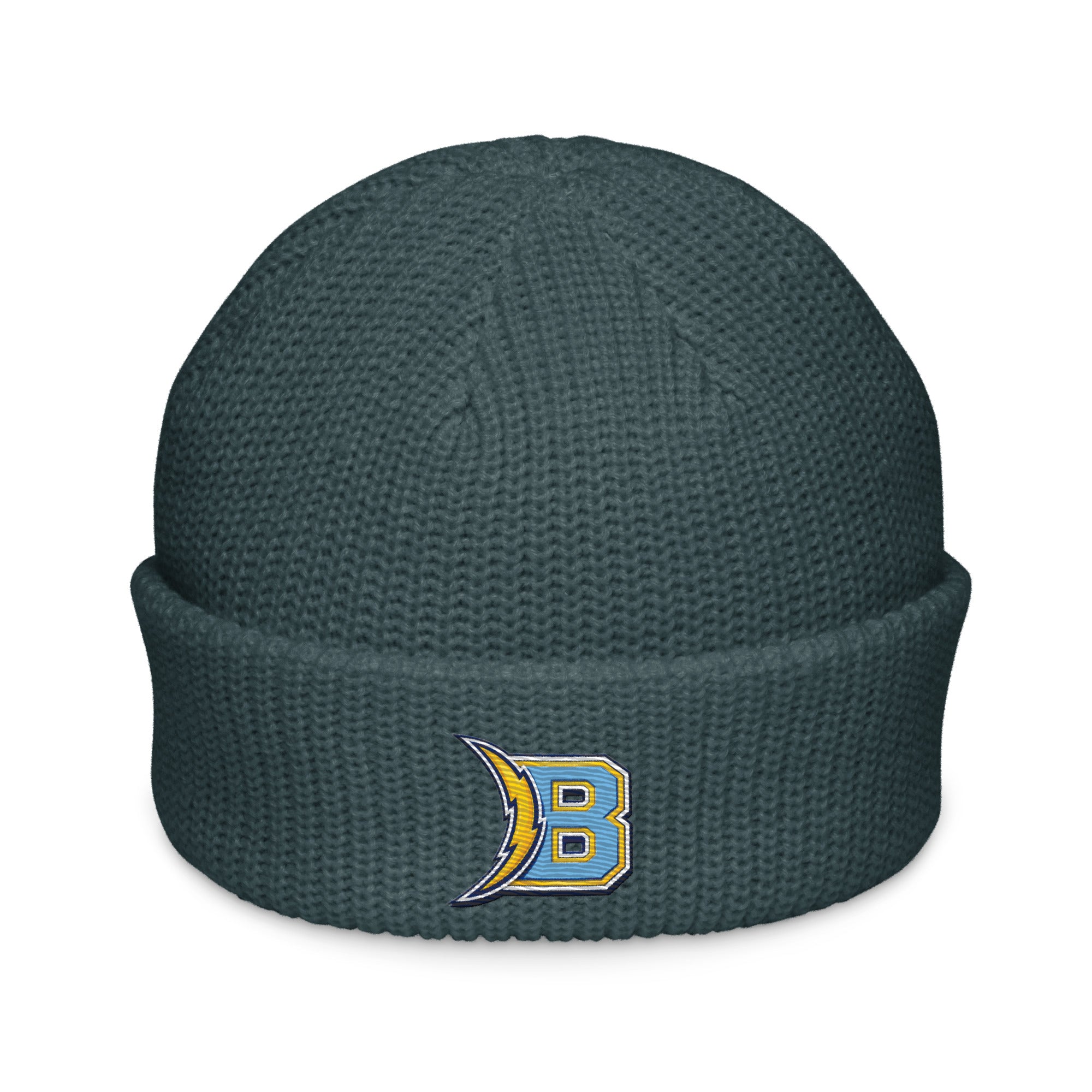 Brandon Grind Triple Logo Beanie by Roll Gear, Petrol Blue, front view.