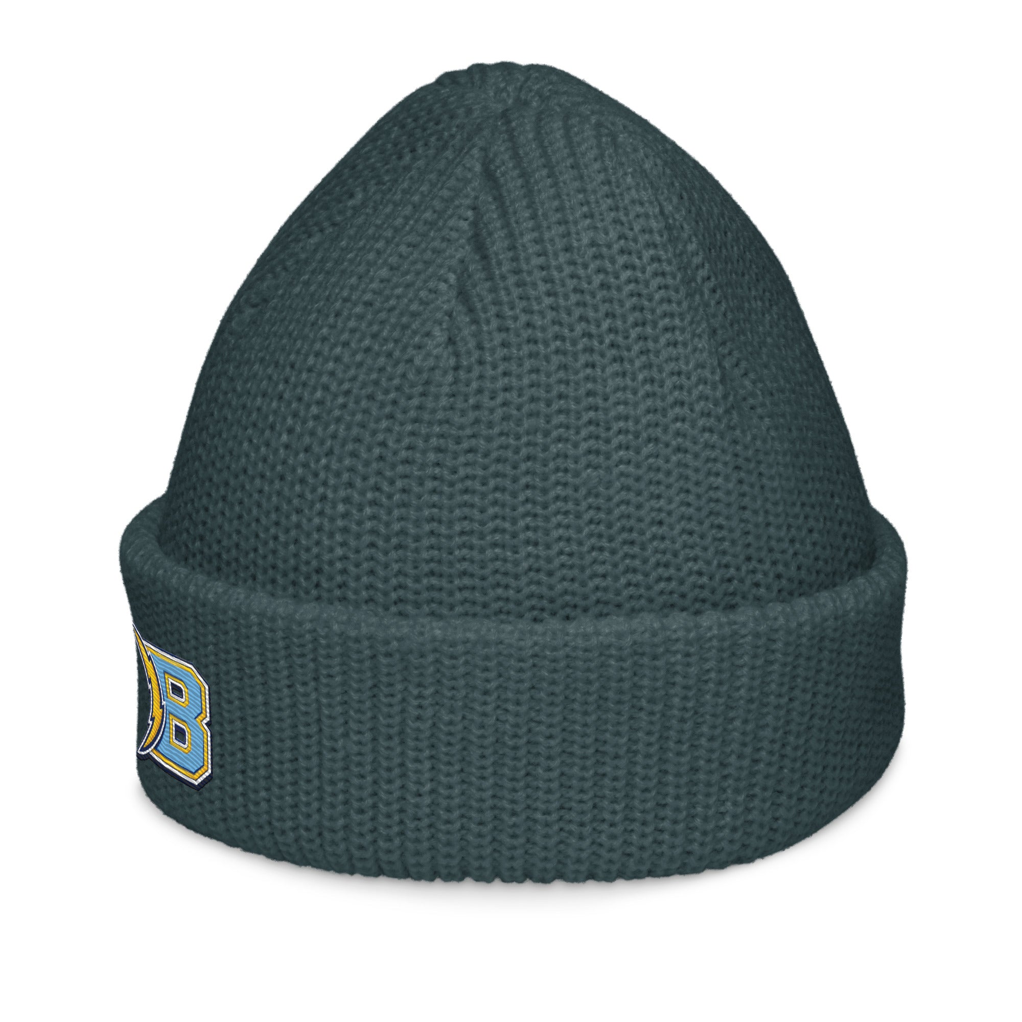 Brandon Grind Triple Logo Beanie by Roll Gear, Petrol Blue, left side view.