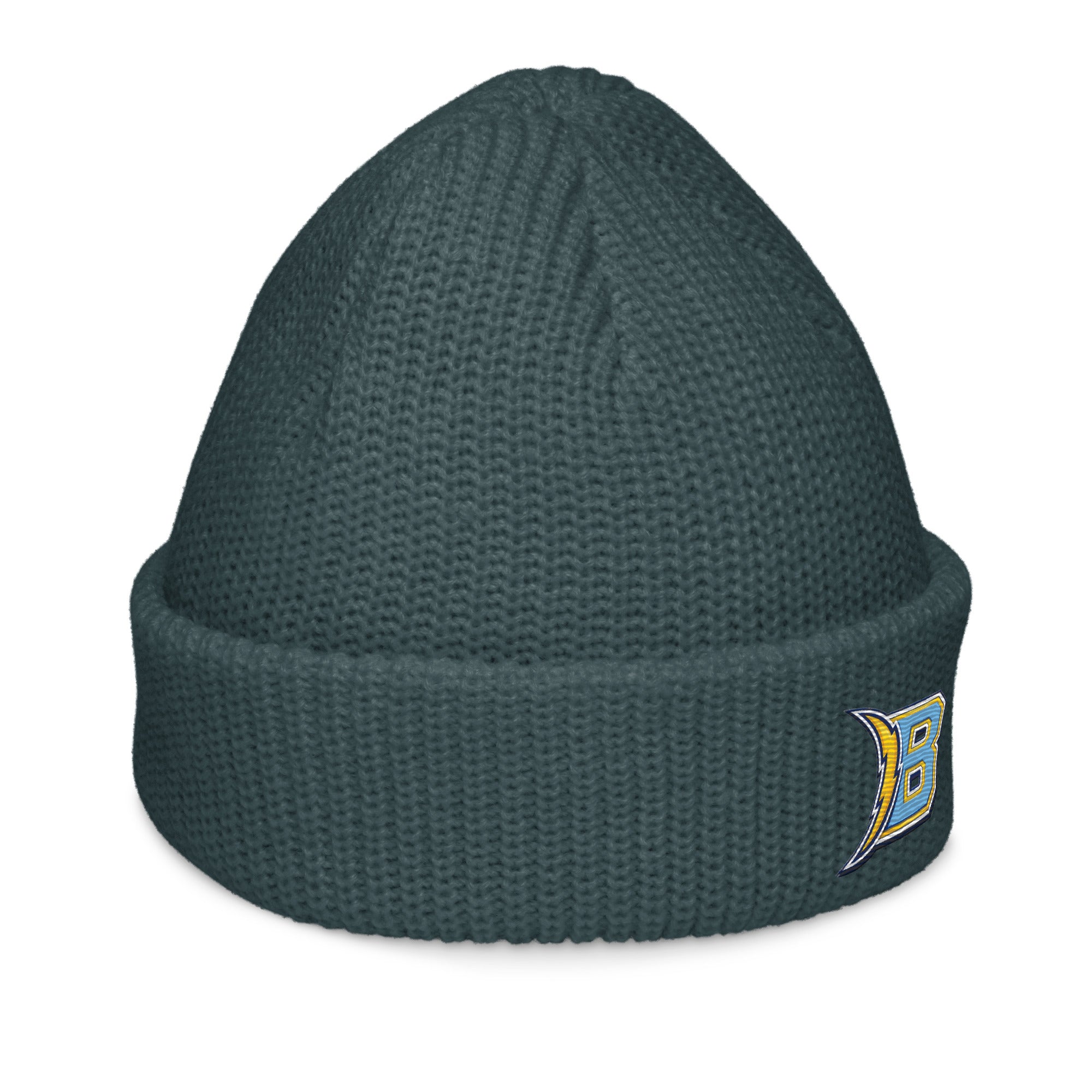 Brandon Grind Triple Logo Beanie by Roll Gear, Petrol Blue, right side view.