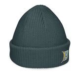 Brandon Grind Triple Logo Beanie by Roll Gear, Petrol Blue, right side view.