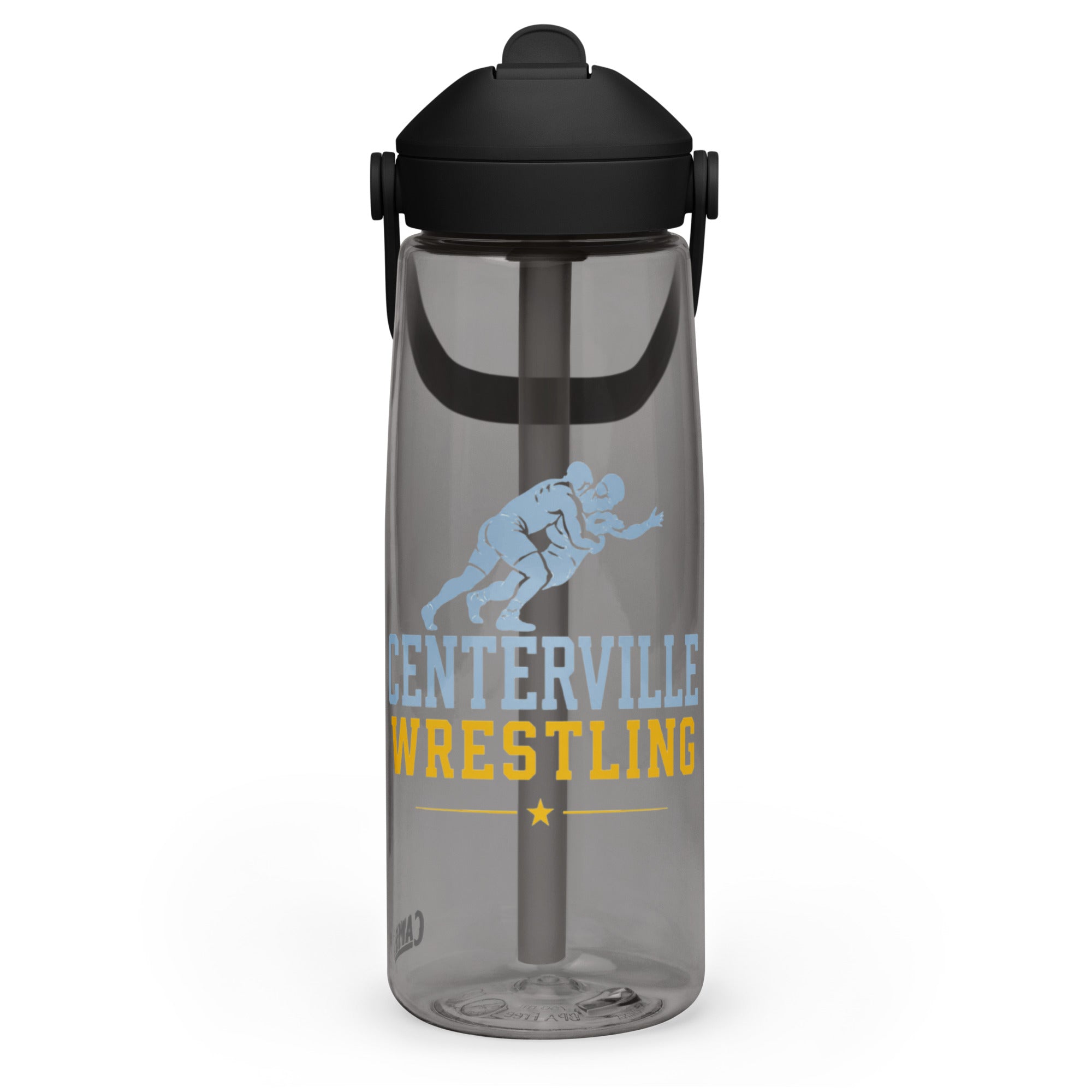 Centerville Wrestling CamelBak Water Bottle, Charcoal, left side view.