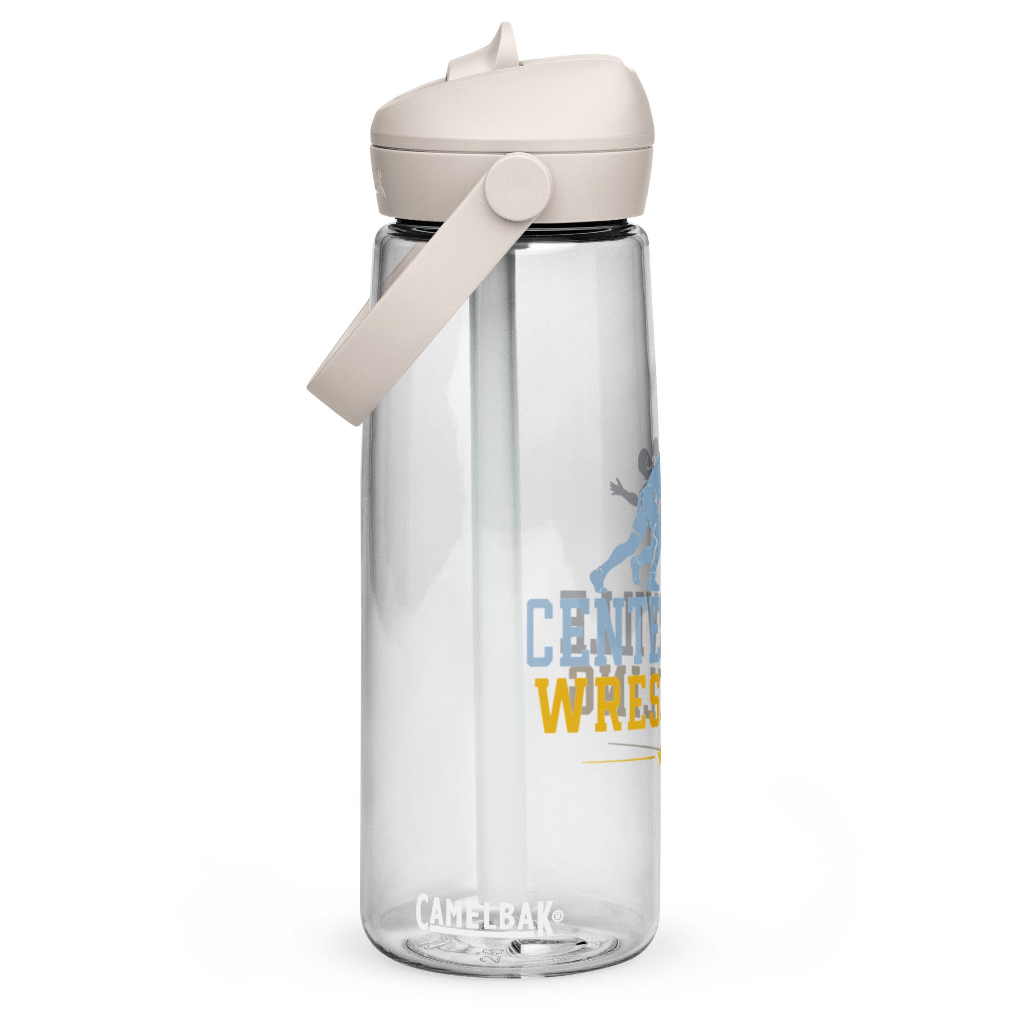 Centerville Wrestling CamelBak Water Bottle, Clear, front view.