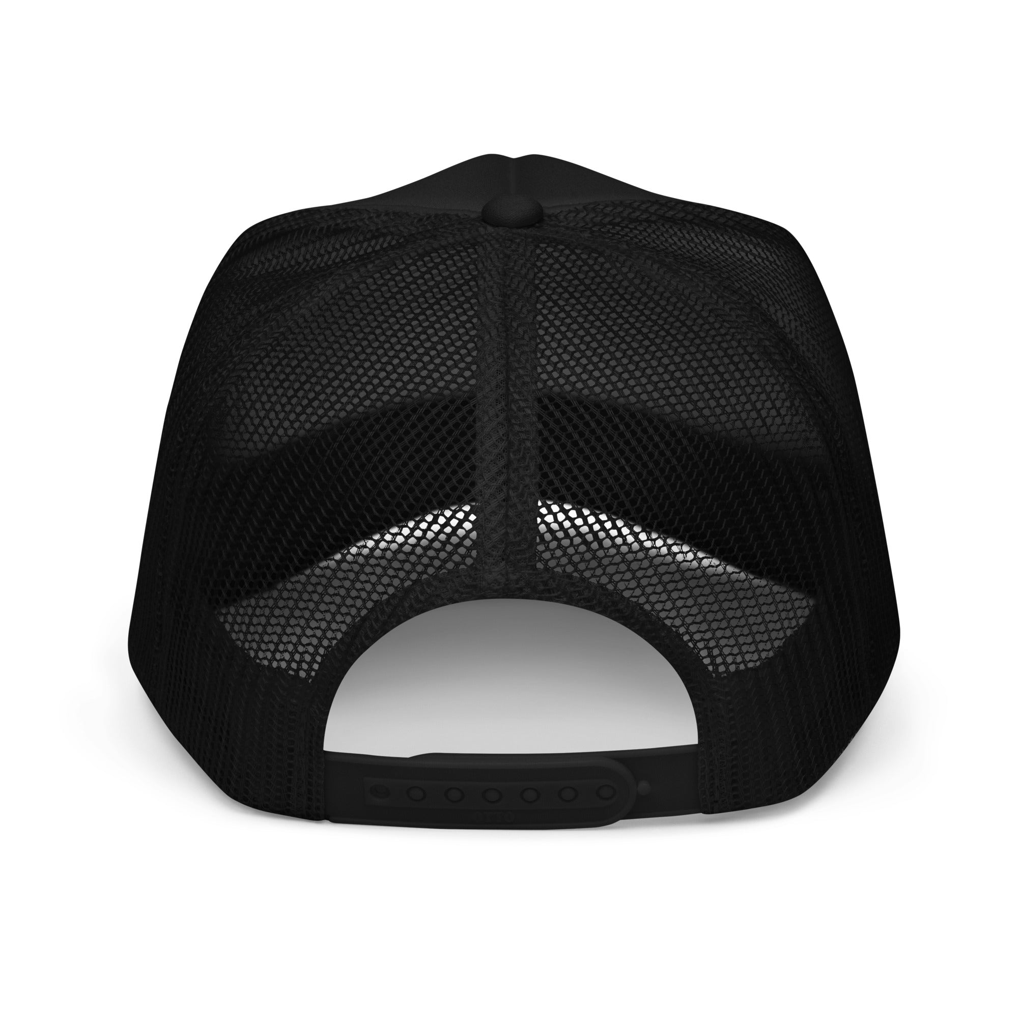 Girls on the Mat Trucker Hat - Black, back view.