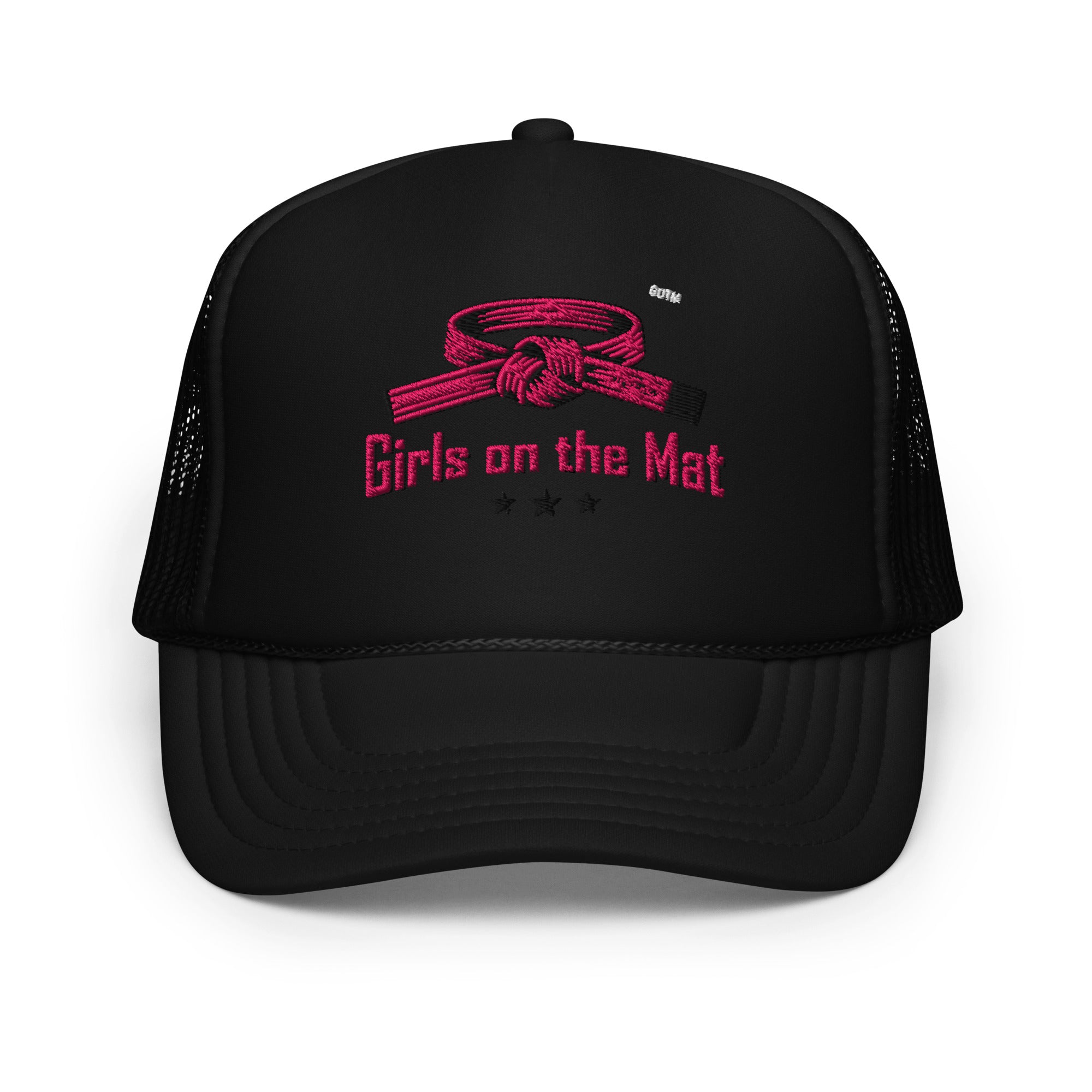 Girls on the Mat Trucker Hat - Black, front view.