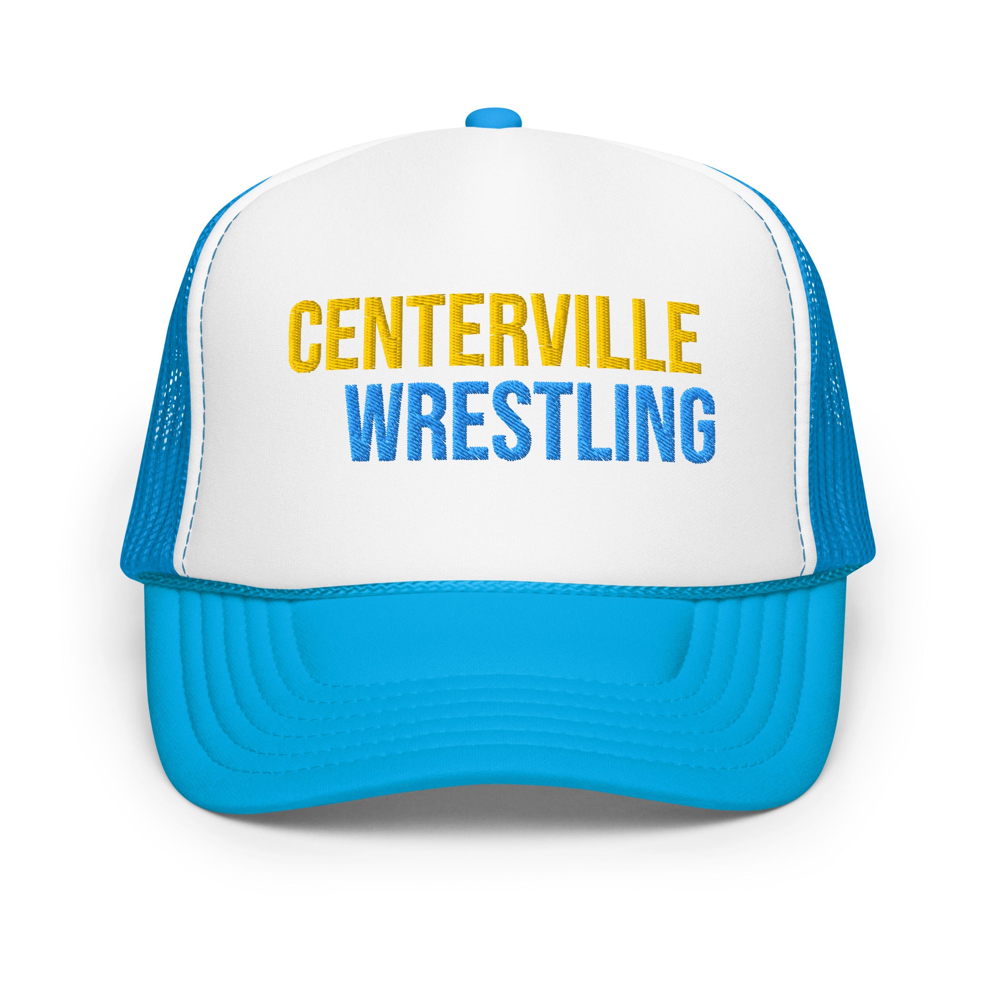 Centerville Wrestling Embroidered Foam Trucker Hat, Blue, front view.