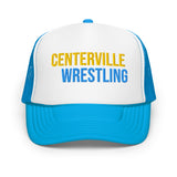 Centerville Wrestling Embroidered Foam Trucker Hat, Blue, front view.
