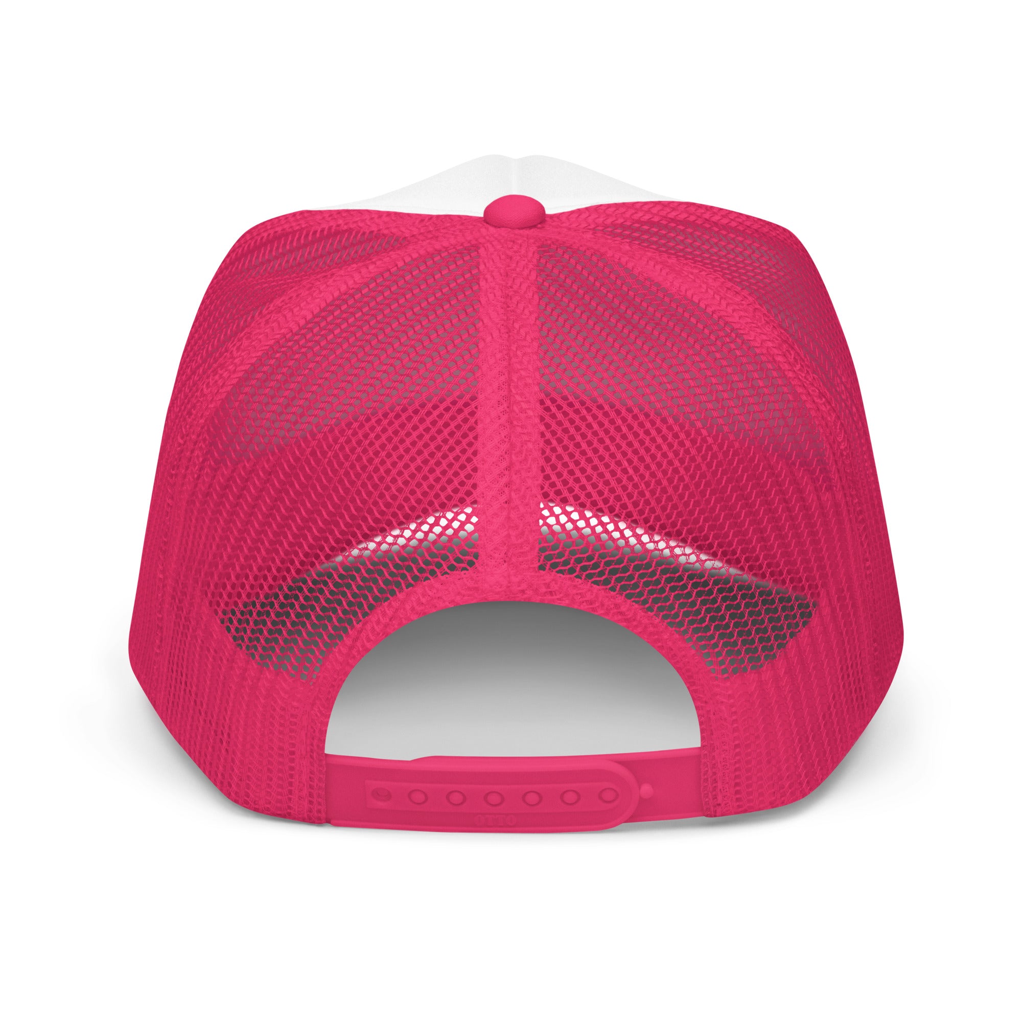 Girls on the Mat Trucker Hat - Hot Pink/White, back view.