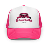 Girls on the Mat Trucker Hat - Hot Pink/White, front view, additional angle.