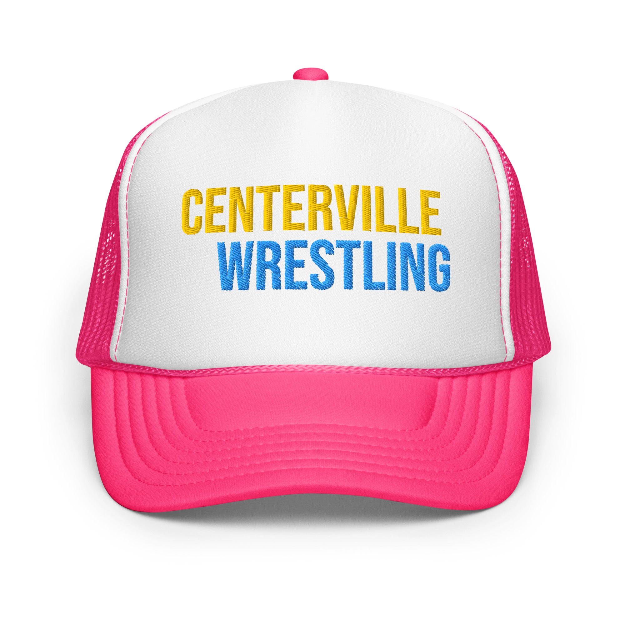 Centerville Wrestling Embroidered Foam Trucker Hat, Hot Pink, front view.