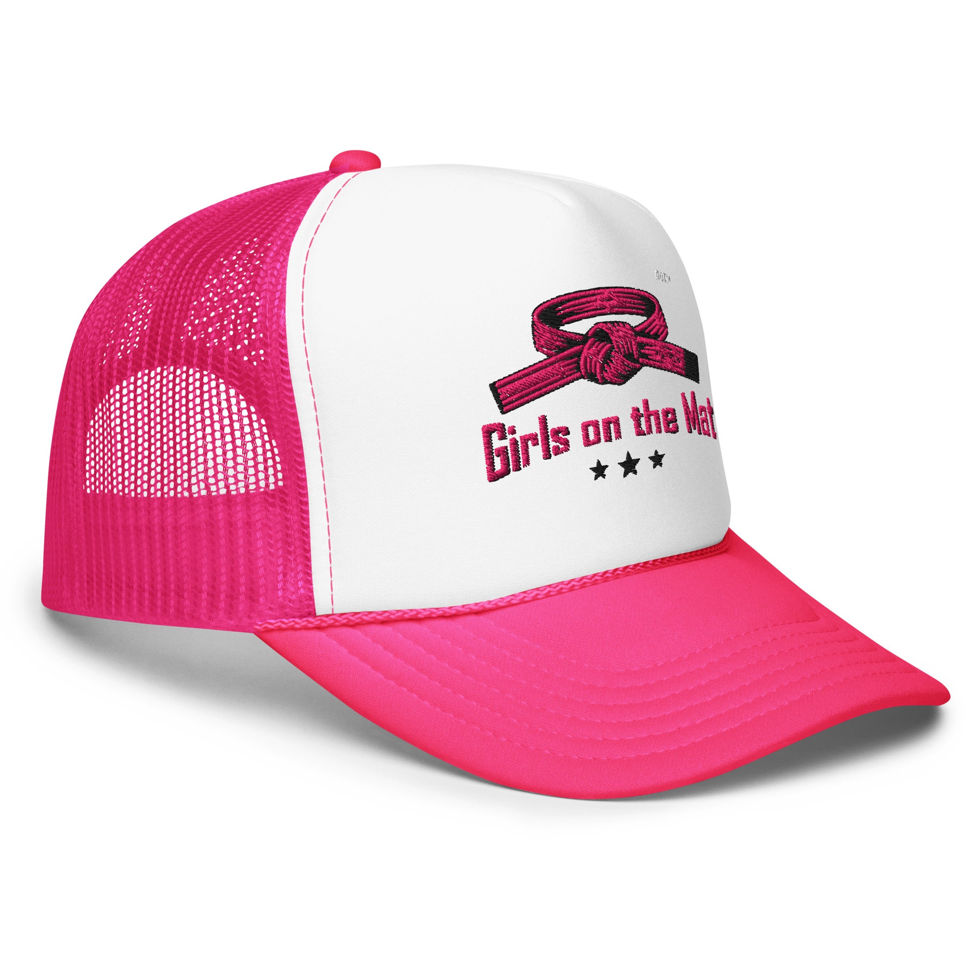 Girls on the Mat Trucker Hat - Hot Pink/White, right-front view.