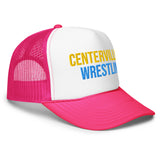 Centerville Wrestling Embroidered Foam Trucker Hat, Hot Pink, right-front view.