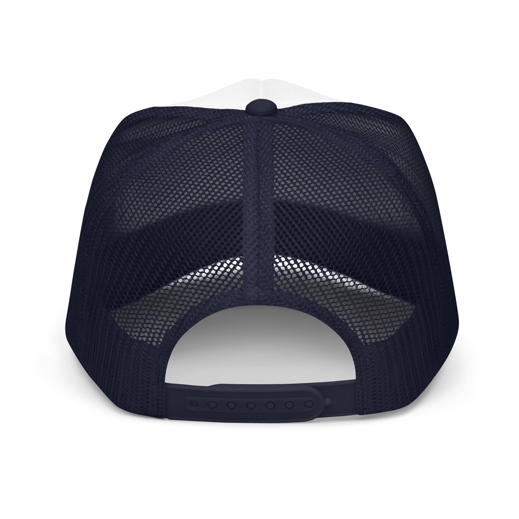 Girls on the Mat Trucker Hat - Navy/White, back view.