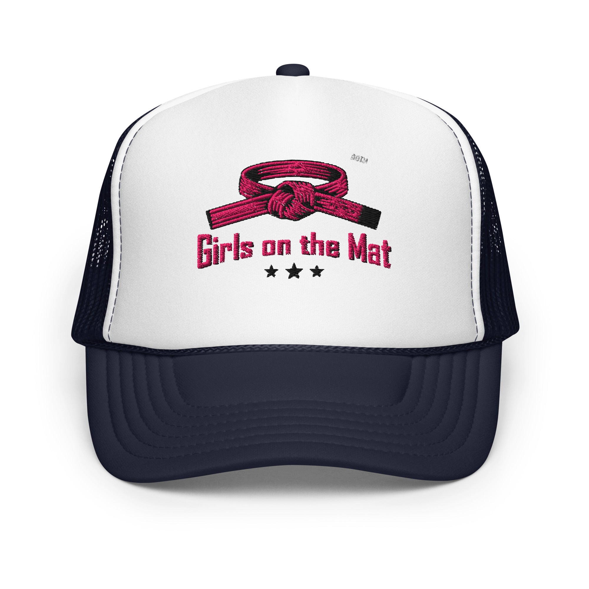 Girls on the Mat Trucker Hat - Navy/White, front view.