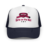 Girls on the Mat Trucker Hat - Navy/White, front view.