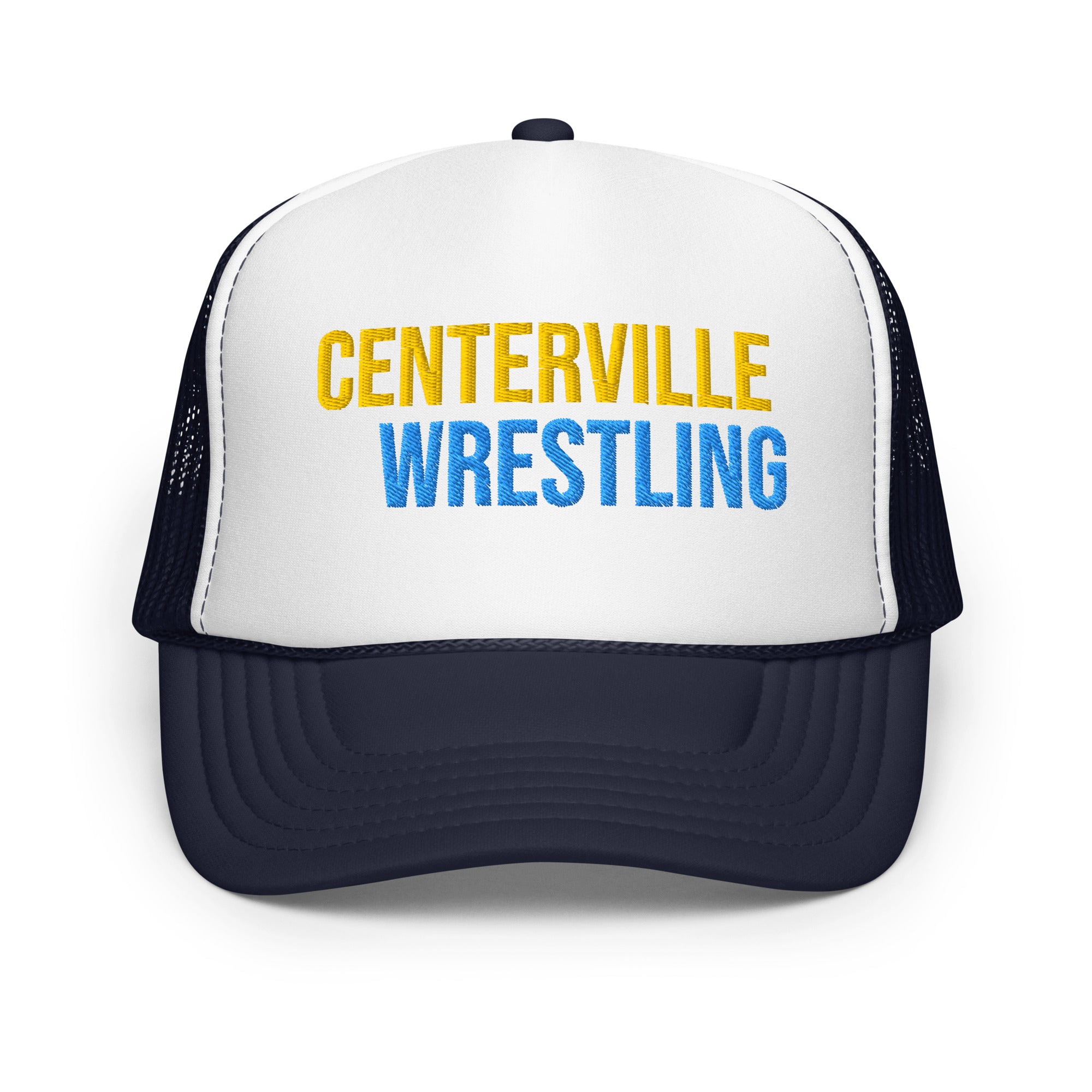 Centerville Wrestling Embroidered Foam Trucker Hat, Navy, front view.