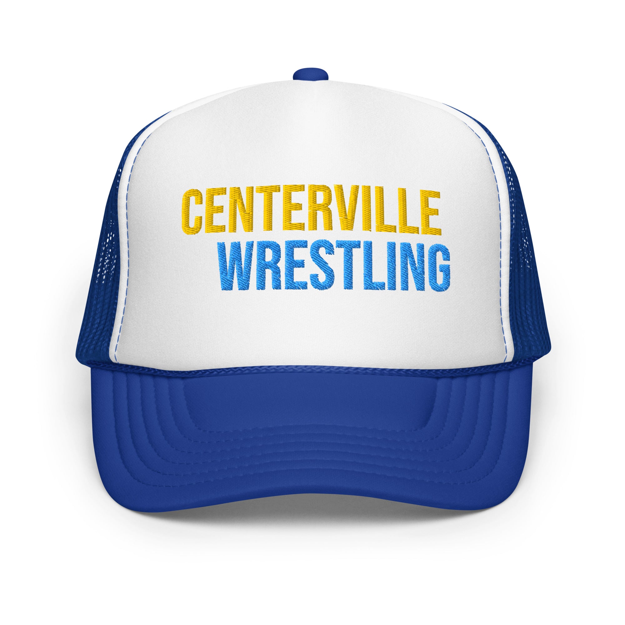 Centerville Wrestling Embroidered Foam Trucker Hat, Royal, front view.