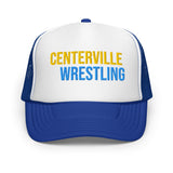 Centerville Wrestling Embroidered Foam Trucker Hat, Royal, front view.