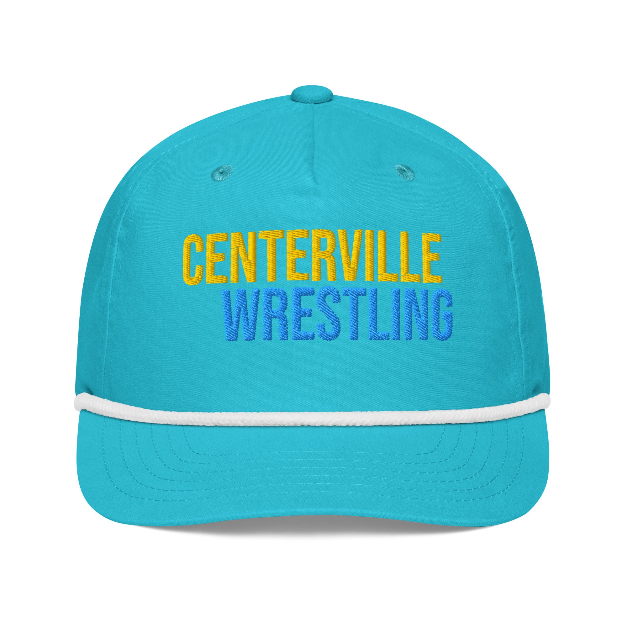 Centerville Wrestling Embroidered Rope Hat - Blue, Turquoise/White, front view.