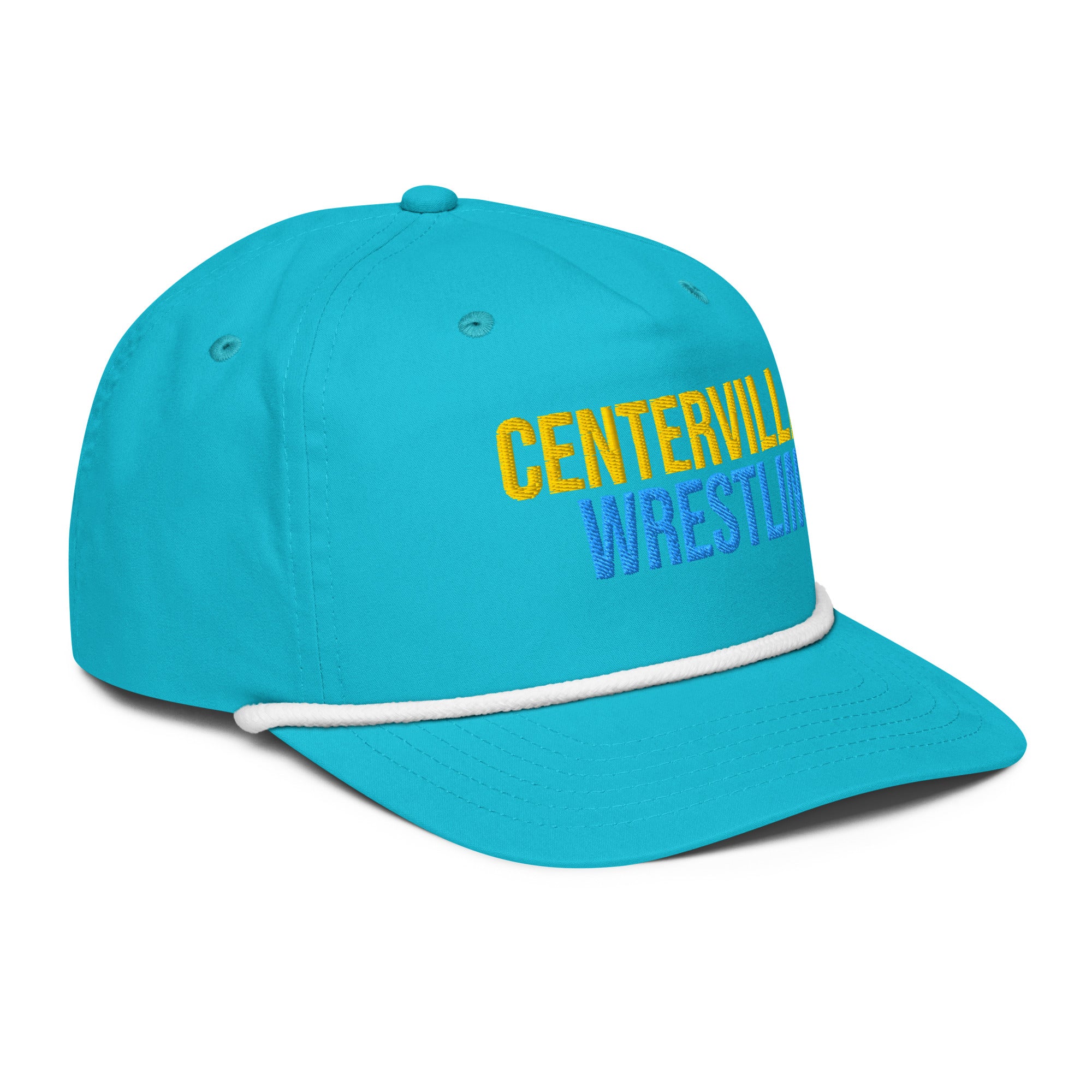 Centerville Wrestling Embroidered Rope Hat - Blue, Turquoise/White, right-front view.