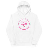 Roll Gear Kids Fleece Hoodie – White, front view.