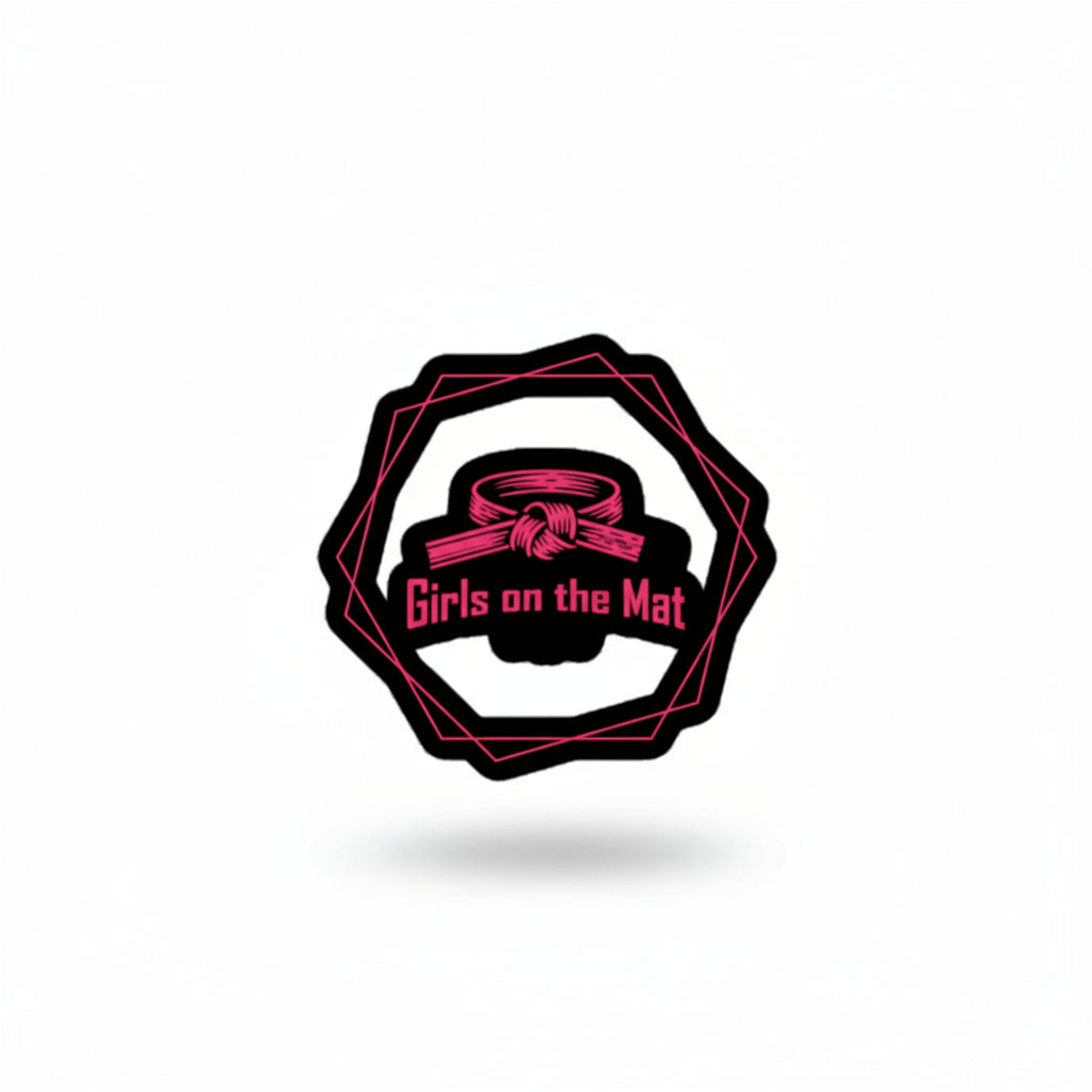 Logo of 'Girls on the Mat' with a pink belt on a purple background