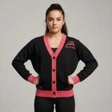 Roll Gear Signature Cardigan - Black and Pink Trim, front view.