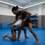 Roll Gear Unisex Marines "Dress Blues" Short Sleeve Rash Guard in black, red & gold, shown on a female model.