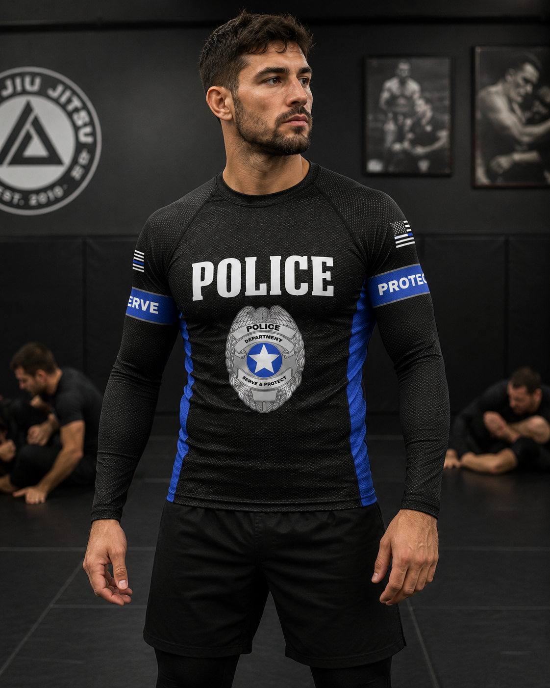 Roll Gear Men's Police Edition Rash Guard - Long Sleeve Thin Blue Line, front view.