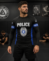 Roll Gear Men's Police Edition Rash Guard - Long Sleeve Thin Blue Line, front view.