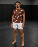 Roll Gear Brown Swirl Short Sleeve BJJ Rash Guard - Brown & White, Unisex, product photo, additional angle.