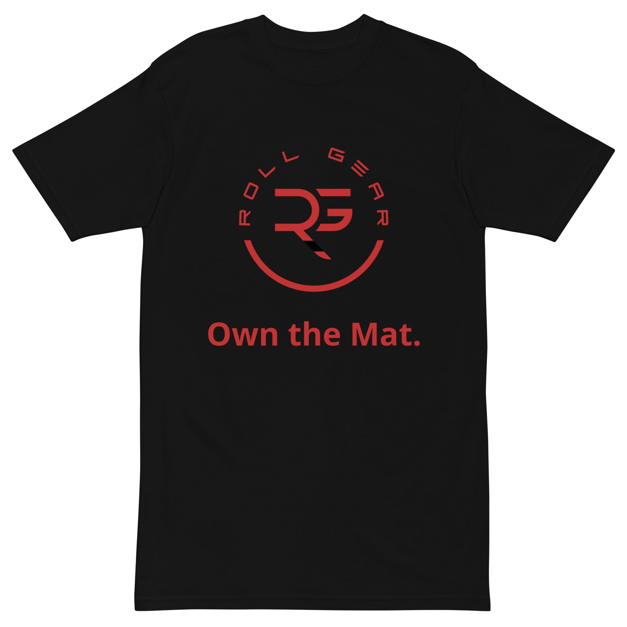 Roll Gear T-Shirt – Own the Mat, Black, front view.