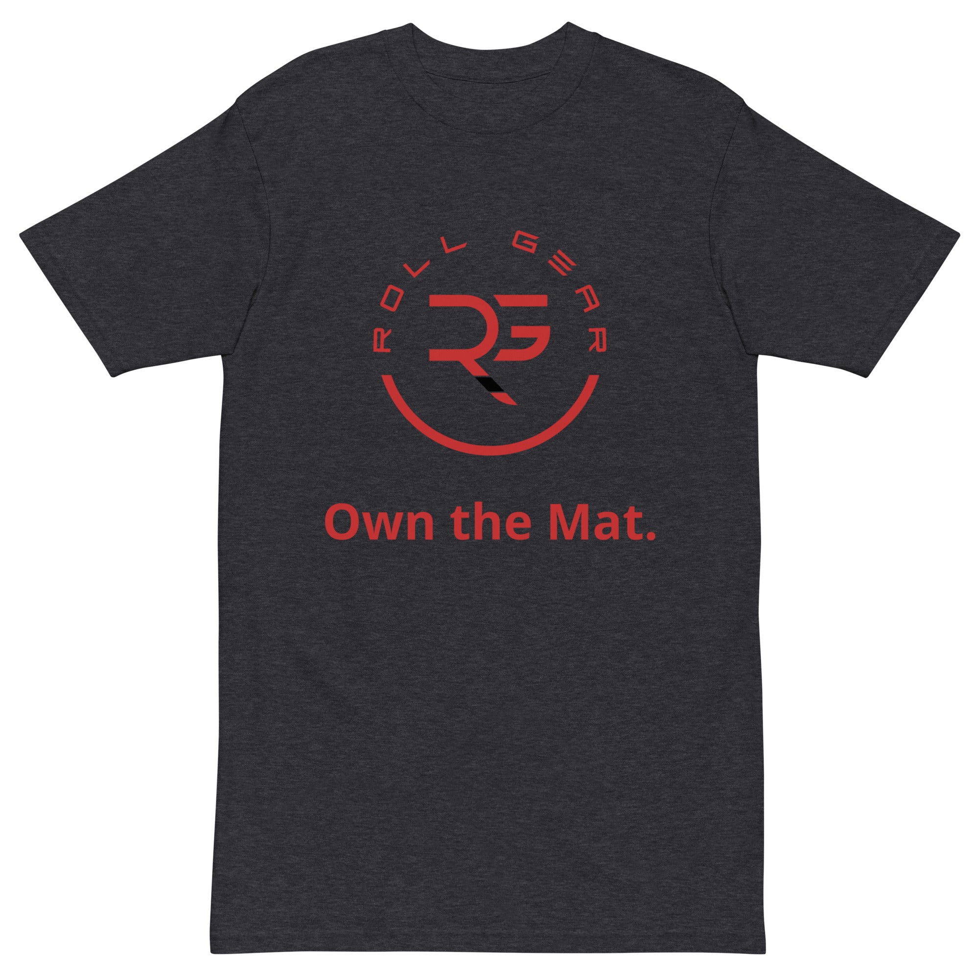 Roll Gear T-Shirt – Own the Mat, Charcoal Heather, front view.