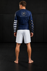 Roll Gear Men's Navy Military Rash Guard - Navy & Gold, back view.