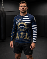 Roll Gear Men's Navy Military Rash Guard - Navy & Gold, front view.