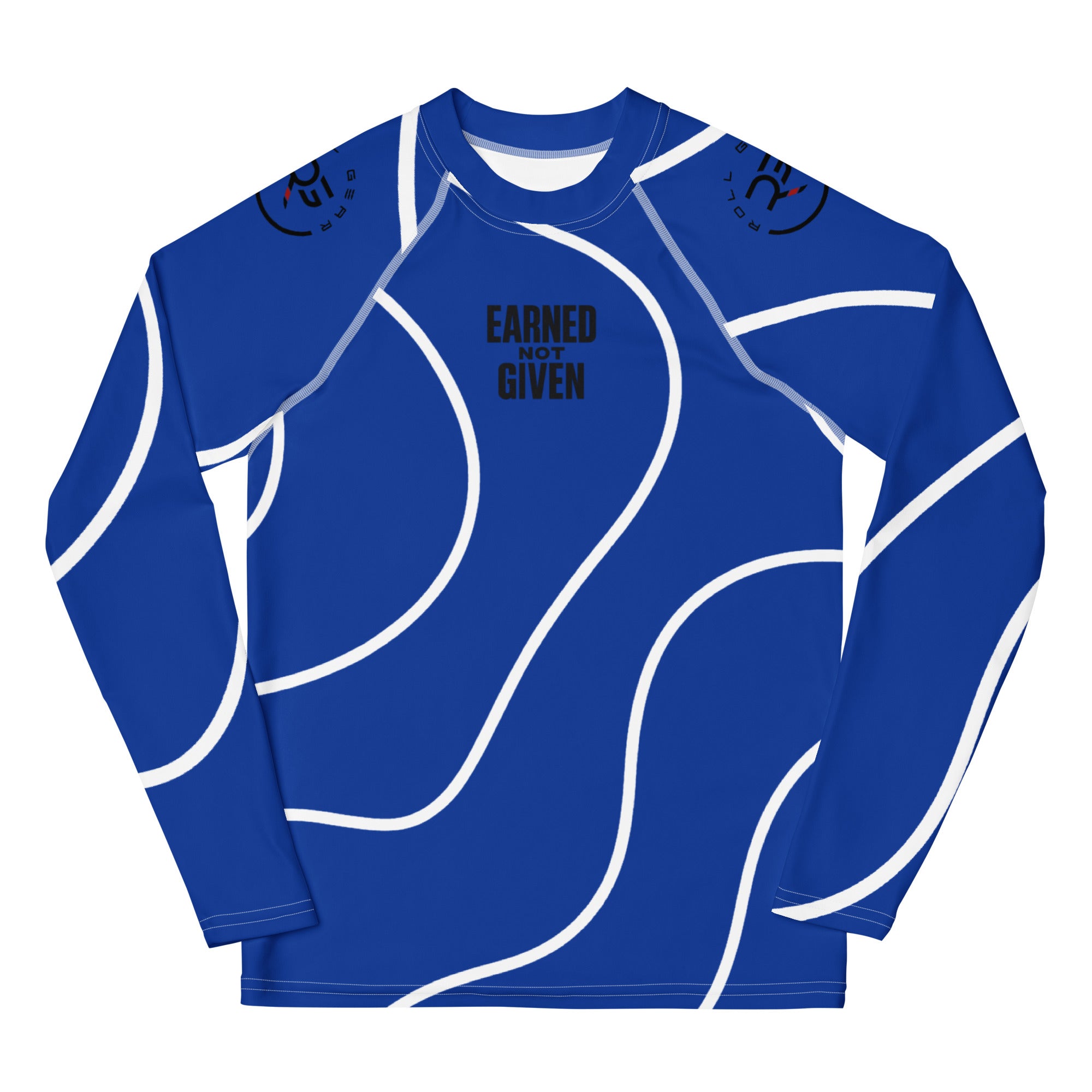Roll Gear Blue Long Sleeve Rash Guard with White Lines – Performance & Protection, front view, all-over print.