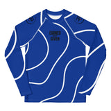 Roll Gear Blue Long Sleeve Rash Guard with White Lines, front view.