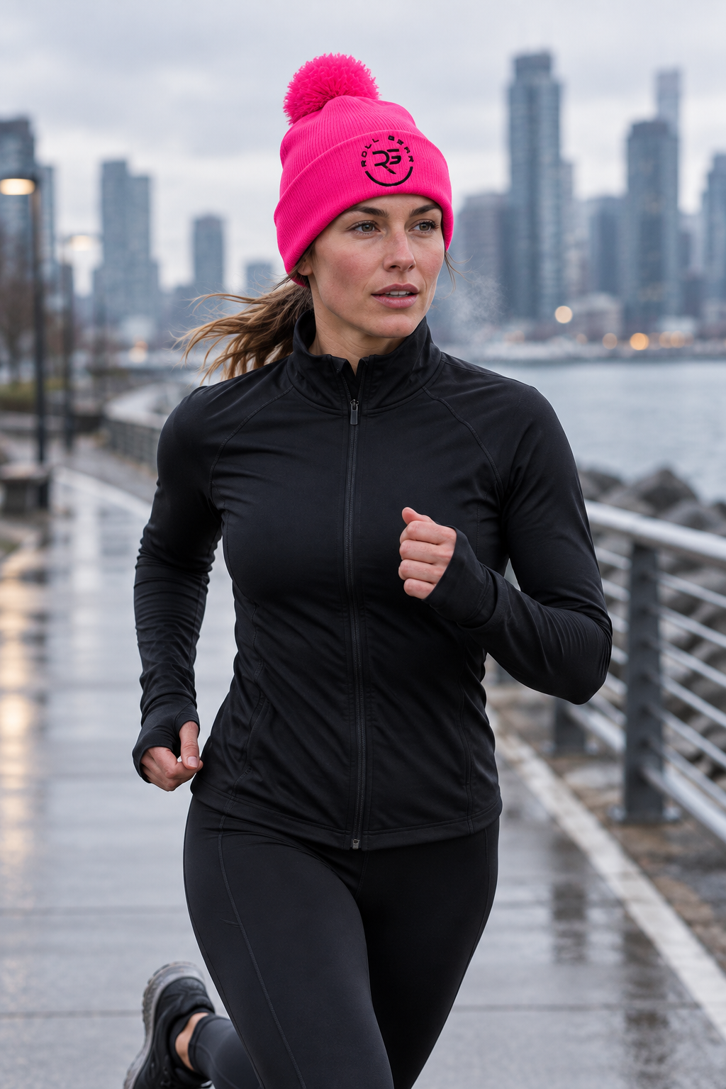 Roll Gear Beanie, neon pink pom-pom beanie on a woman jogging by the water.