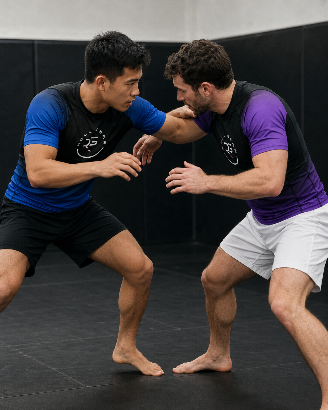 Roll Gear Blue Fade Short Sleeve Rash Guard – ranked fade design for BJJ no-gi training.
