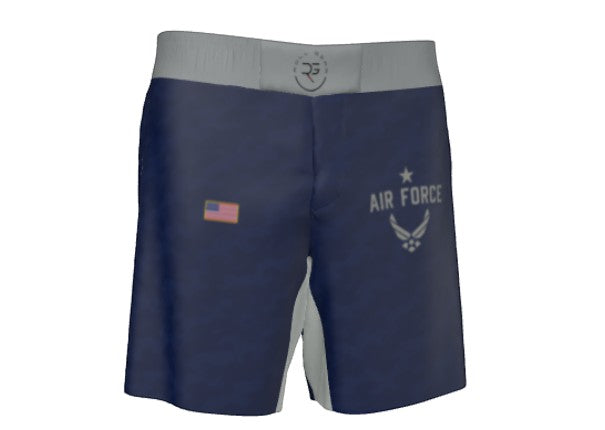 Roll Gear Air Force grappling shorts in navy blue with grey waistband and side panels. Features Air Force logo and US flag.