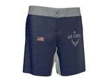 Roll Gear Air Force grappling shorts in navy blue with grey waistband and side panels. Features Air Force logo and US flag.