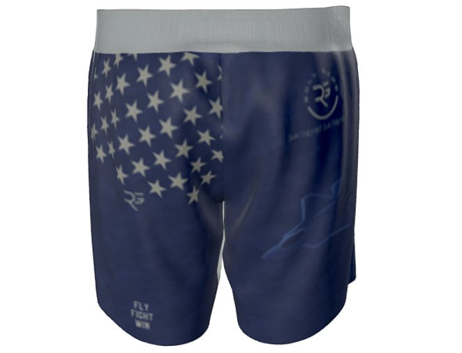Roll Gear Air Force grappling shorts in navy blue with American flag design and "Fly, Fight, Win" text.