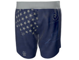 Roll Gear Air Force grappling shorts in navy blue with American flag design and "Fly, Fight, Win" text.