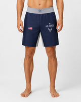 Roll Gear Air Force grappling shorts in navy blue with grey side panels and US flag detail. Features Air Force logo and text.