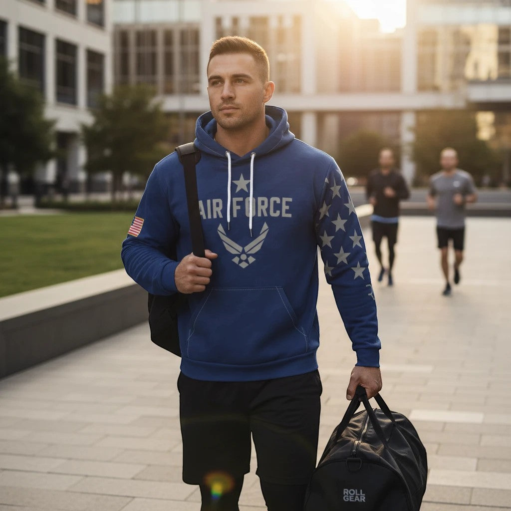 Roll Gear blue cotton blend Air Force hoodie with graphic print, US flag sleeve, and star pattern on other sleeve.