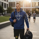 Roll Gear blue cotton blend Air Force hoodie with graphic print, US flag sleeve, and star pattern on other sleeve.